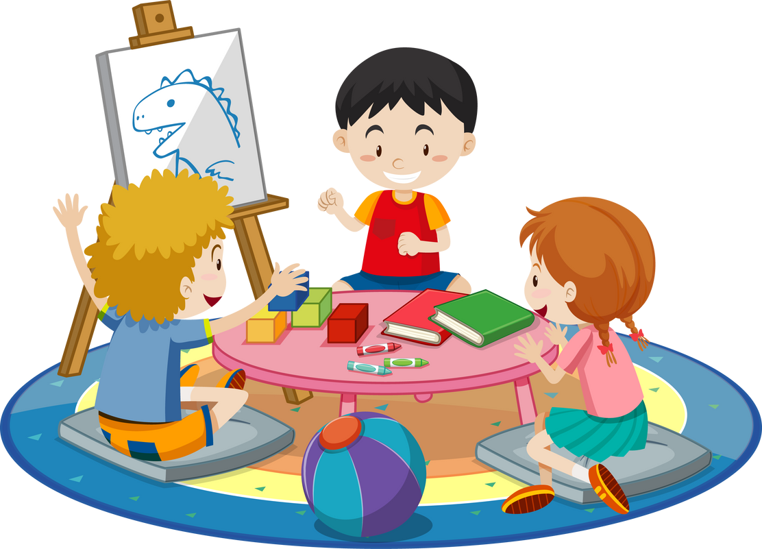 Students with Kindergarten Room Elements on White Background