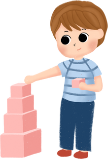 Boy build a pink cube tower